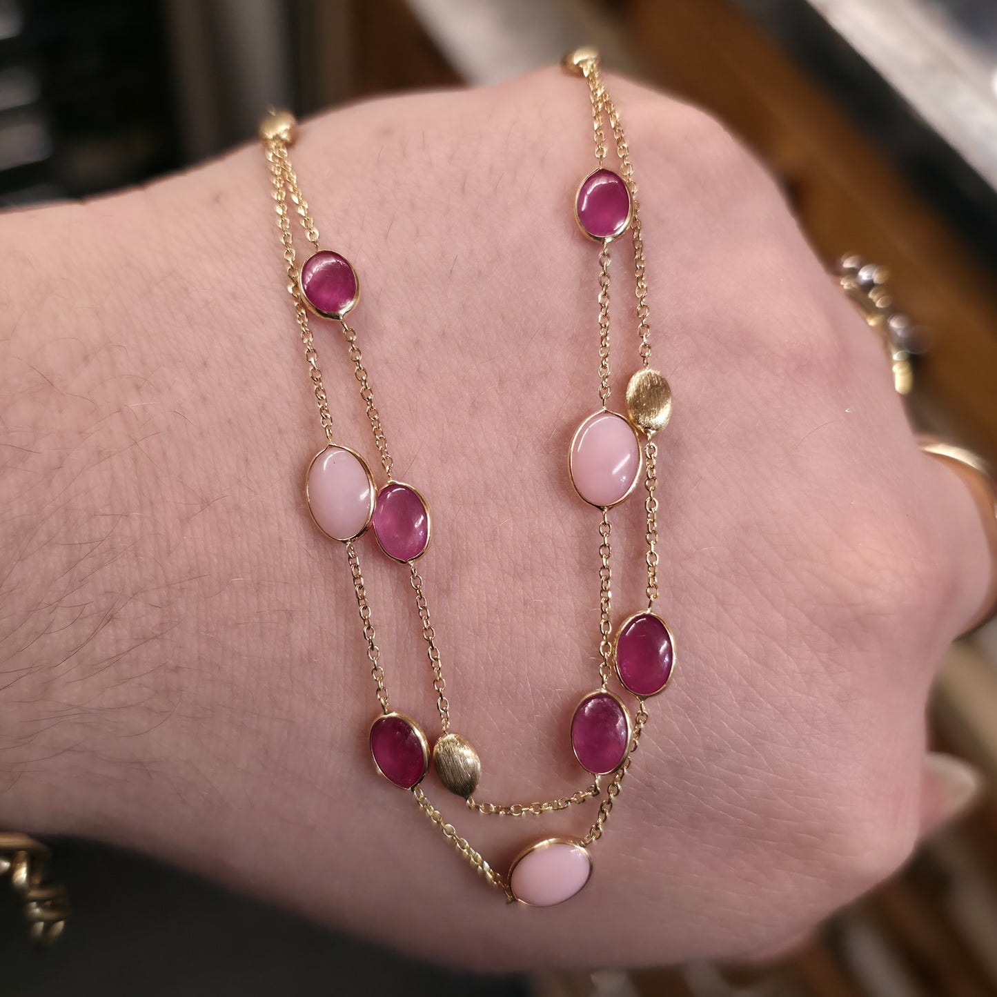 9ct Yellow Gold Ruby And Pink Stone Double Row Station Style Chain Necklace