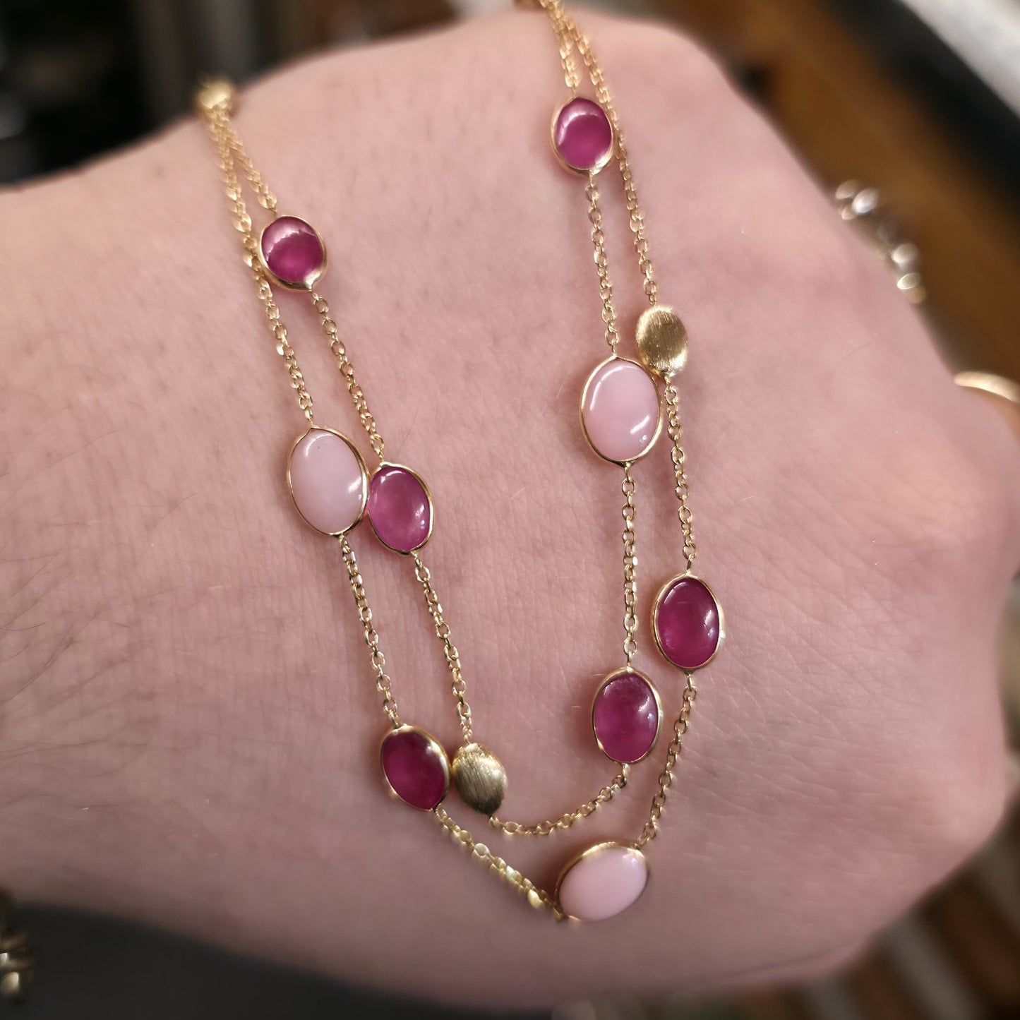 9ct Yellow Gold Ruby And Pink Stone Double Row Station Style Chain Necklace