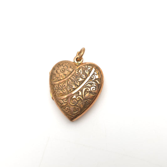 Antique Rolled Gold Floral Engraved Heart Shaped Locket