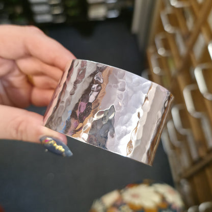 Sterling Silver Extra Wide Hammered Effect Cuff Bangle