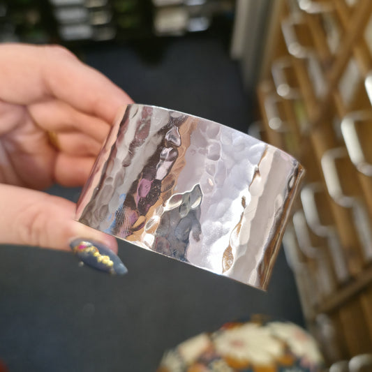 Sterling Silver Extra Wide Hammered Effect Cuff Bangle