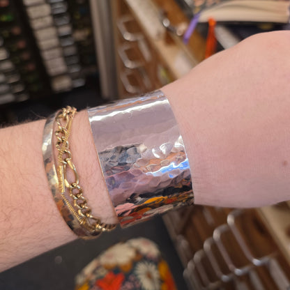 Sterling Silver Extra Wide Hammered Effect Cuff Bangle