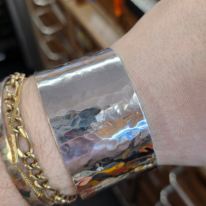 Sterling Silver Extra Wide Hammered Effect Cuff Bangle