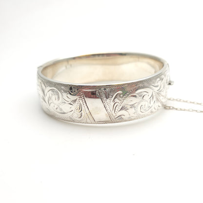 Sterling Silver Vintage Wide Chunky Engraved Half Patterned Bangle