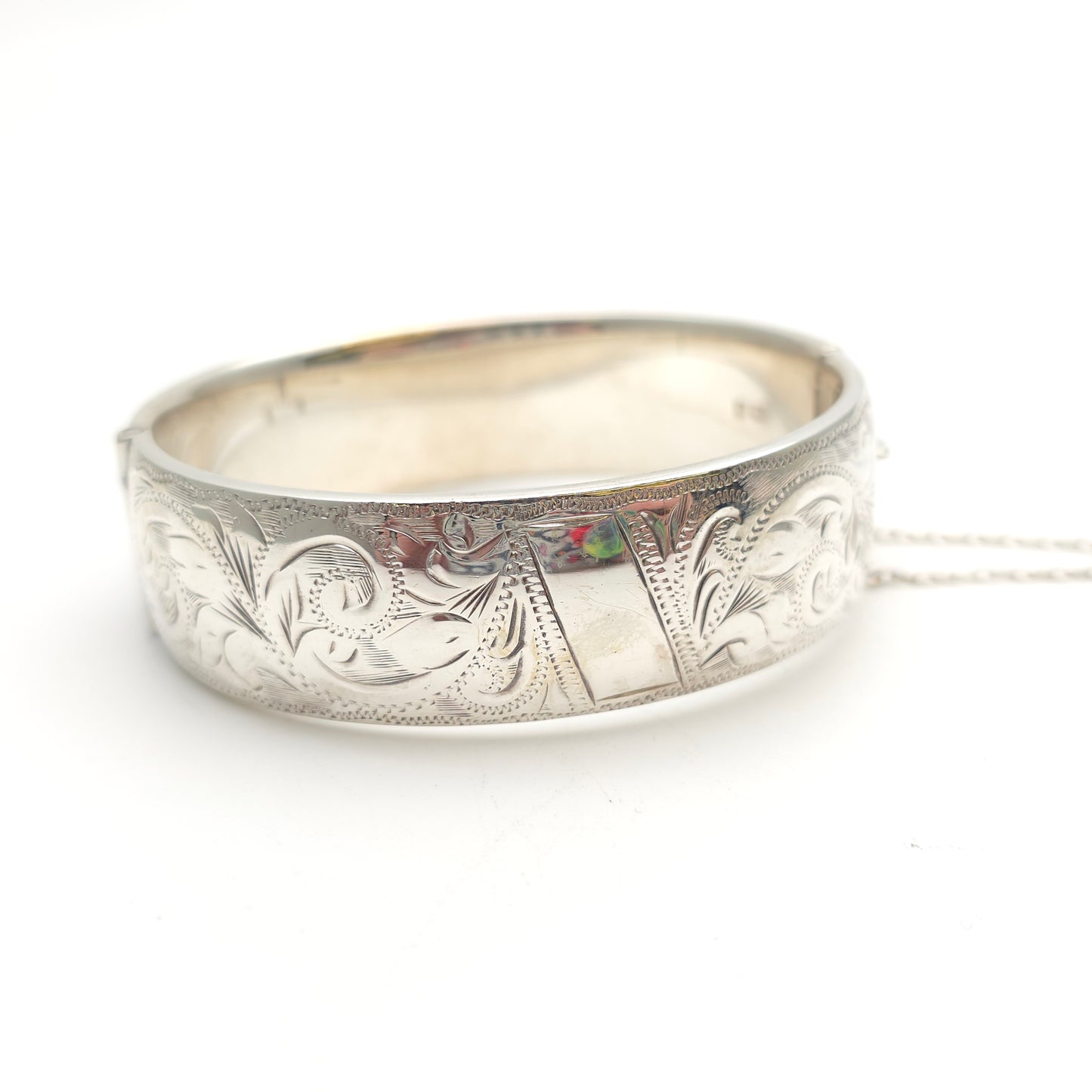 Sterling Silver Vintage Wide Chunky Engraved Half Patterned Bangle