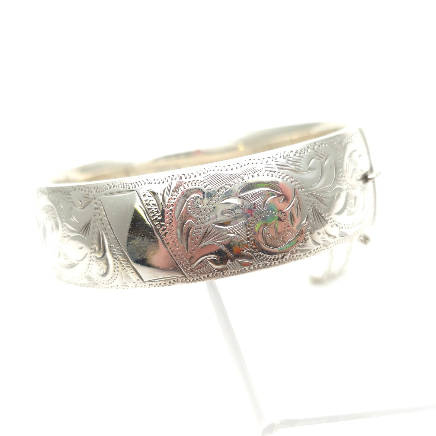 Sterling Silver Vintage Wide Chunky Engraved Half Patterned Bangle