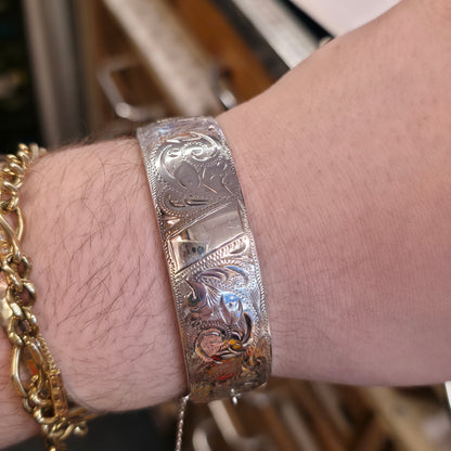 Sterling Silver Vintage Wide Chunky Engraved Half Patterned Bangle