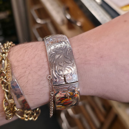 Sterling Silver Vintage Wide Chunky Engraved Half Patterned Bangle