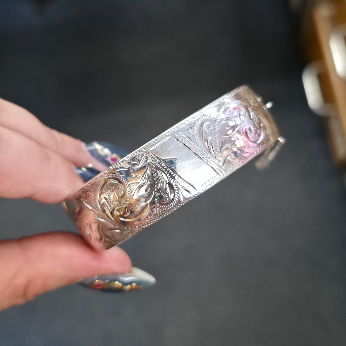 Sterling Silver Vintage Wide Chunky Engraved Half Patterned Bangle