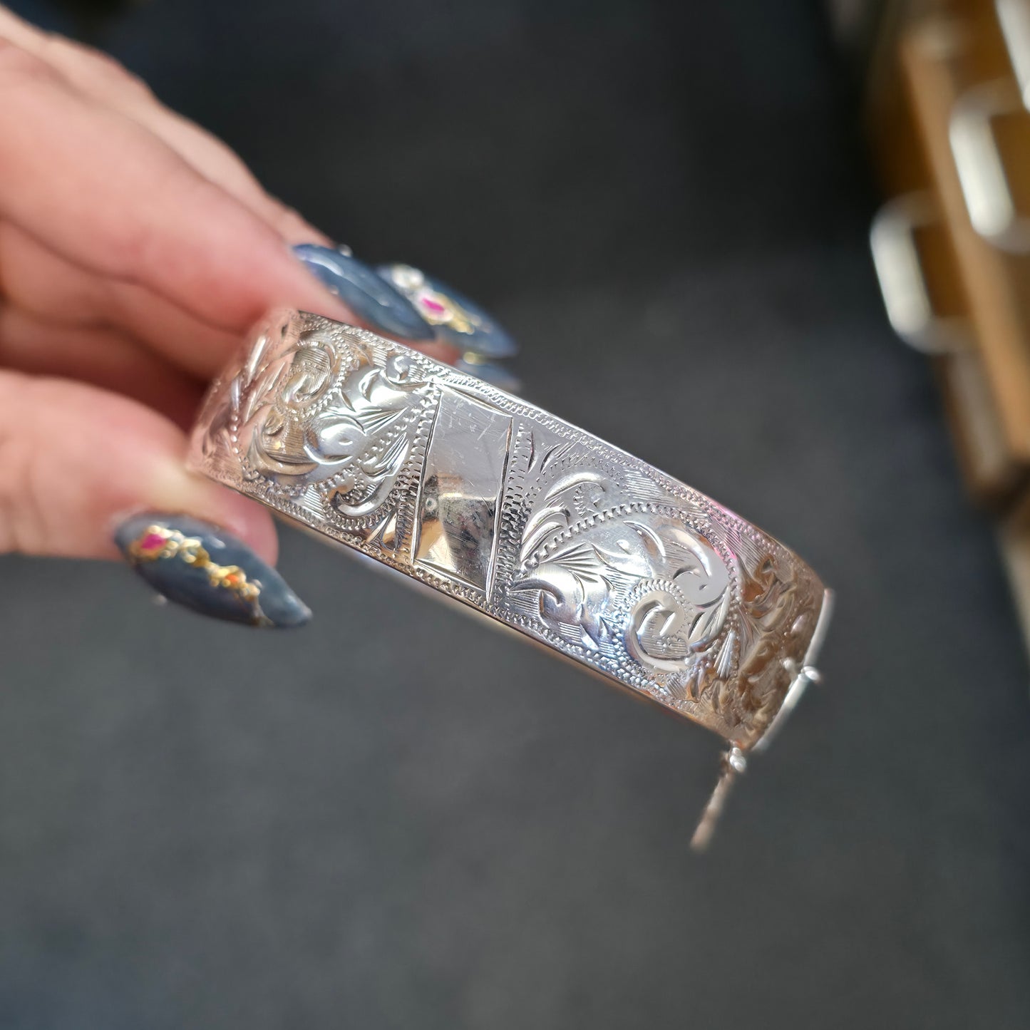 Sterling Silver Vintage Wide Chunky Engraved Half Patterned Bangle