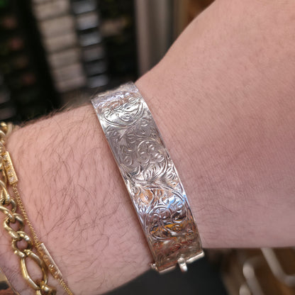 Sterling Silver Vintage Foliate Half Patterned Engraved Wide Hinged Bangle