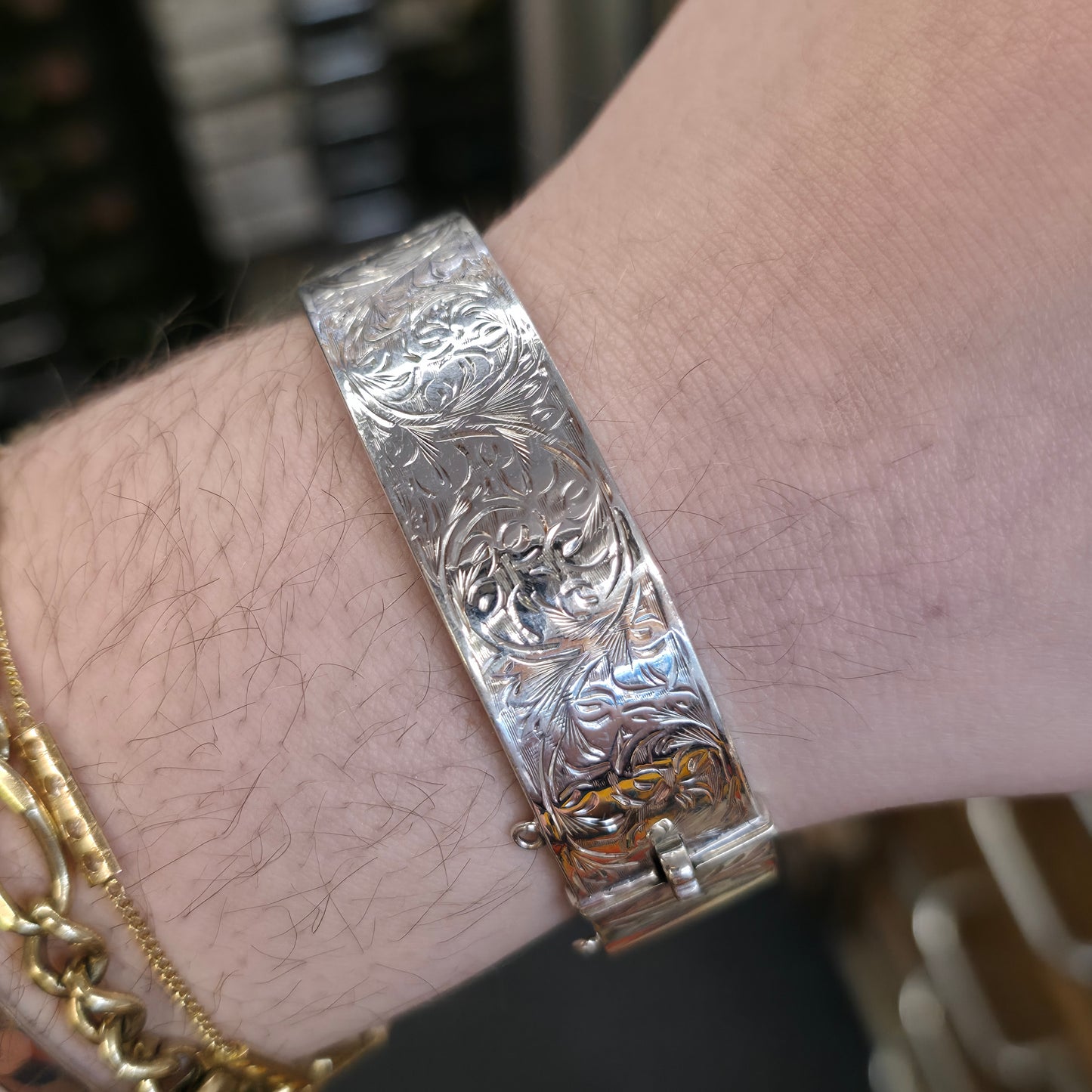 Sterling Silver Vintage Foliate Half Patterned Engraved Wide Hinged Bangle