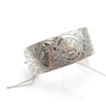 Sterling Silver Vintage Engraved Floral Half Patterned Wide Chunky Bangle