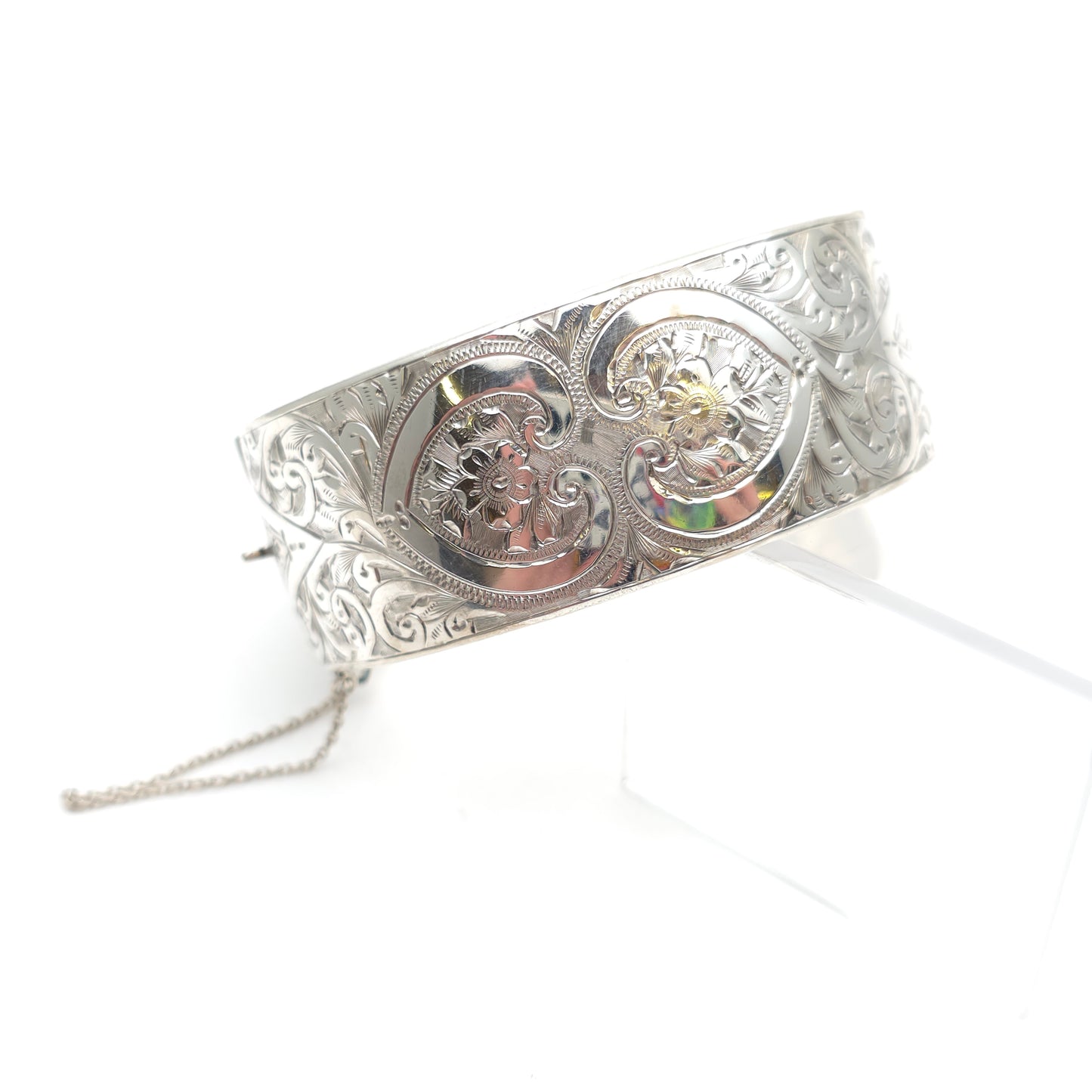 Sterling Silver Vintage Engraved Floral Half Patterned Wide Chunky Bangle