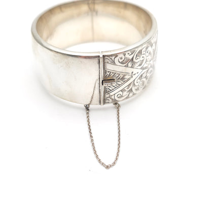 Sterling Silver Vintage Engraved Floral Half Patterned Wide Chunky Bangle