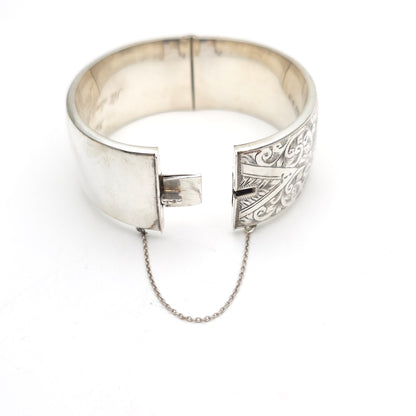 Sterling Silver Vintage Engraved Floral Half Patterned Wide Chunky Bangle