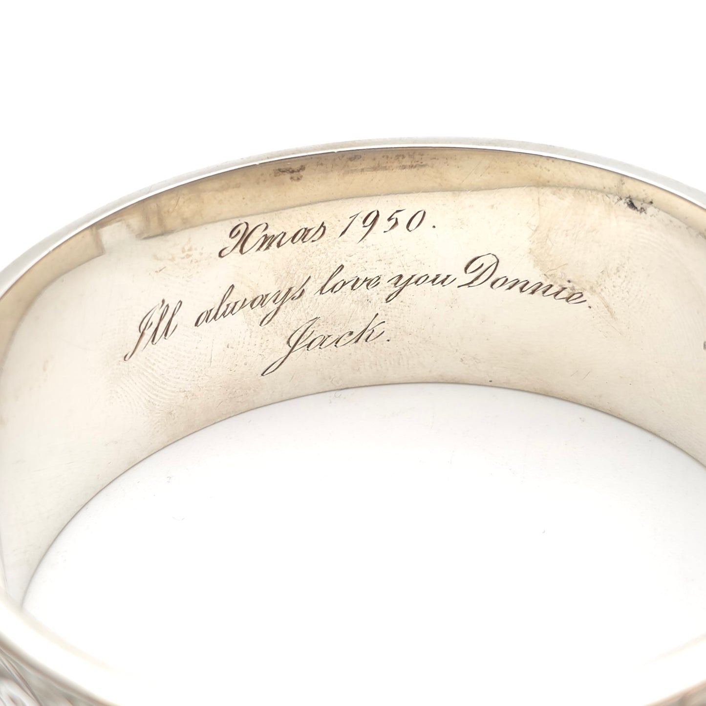 Sterling Silver Vintage Engraved Floral Half Patterned Wide Chunky Bangle
