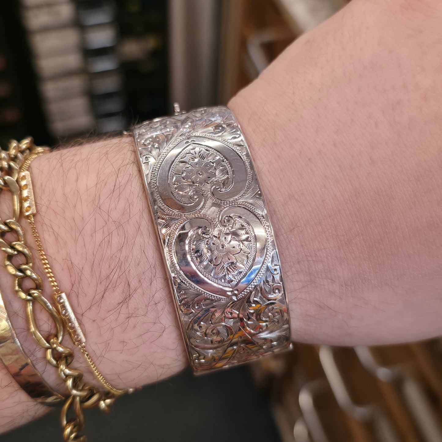 Sterling Silver Vintage Engraved Floral Half Patterned Wide Chunky Bangle