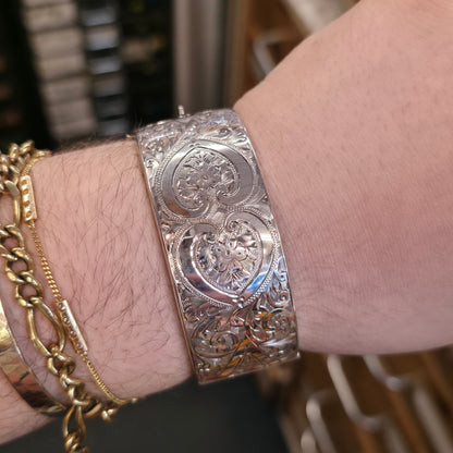 Sterling Silver Vintage Engraved Floral Half Patterned Wide Chunky Bangle
