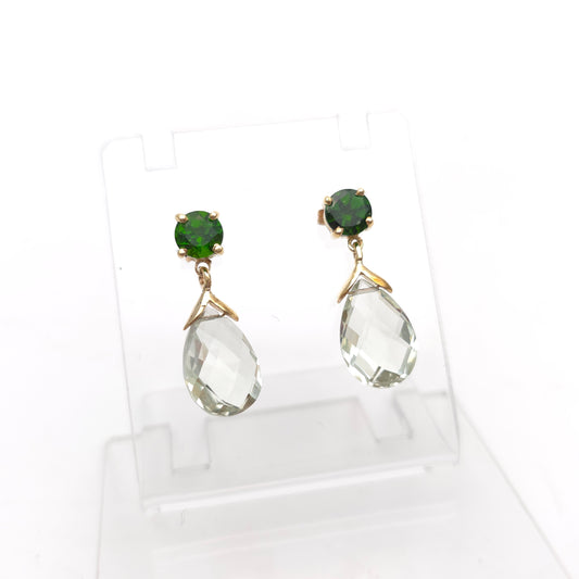 9ct Yellow Gold Round Diopside and Briolette Praseolite Drop Earring