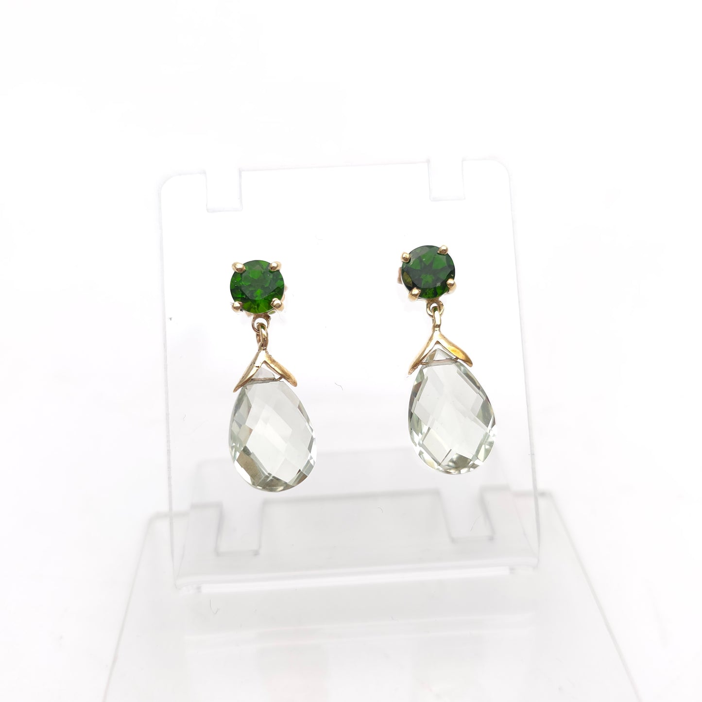 9ct Yellow Gold Round Diopside and Briolette Praseolite Drop Earring