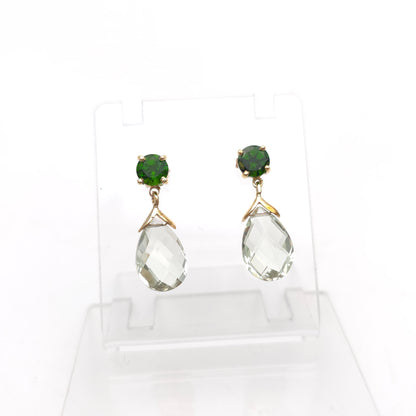 9ct Yellow Gold Round Diopside and Briolette Praseolite Drop Earring