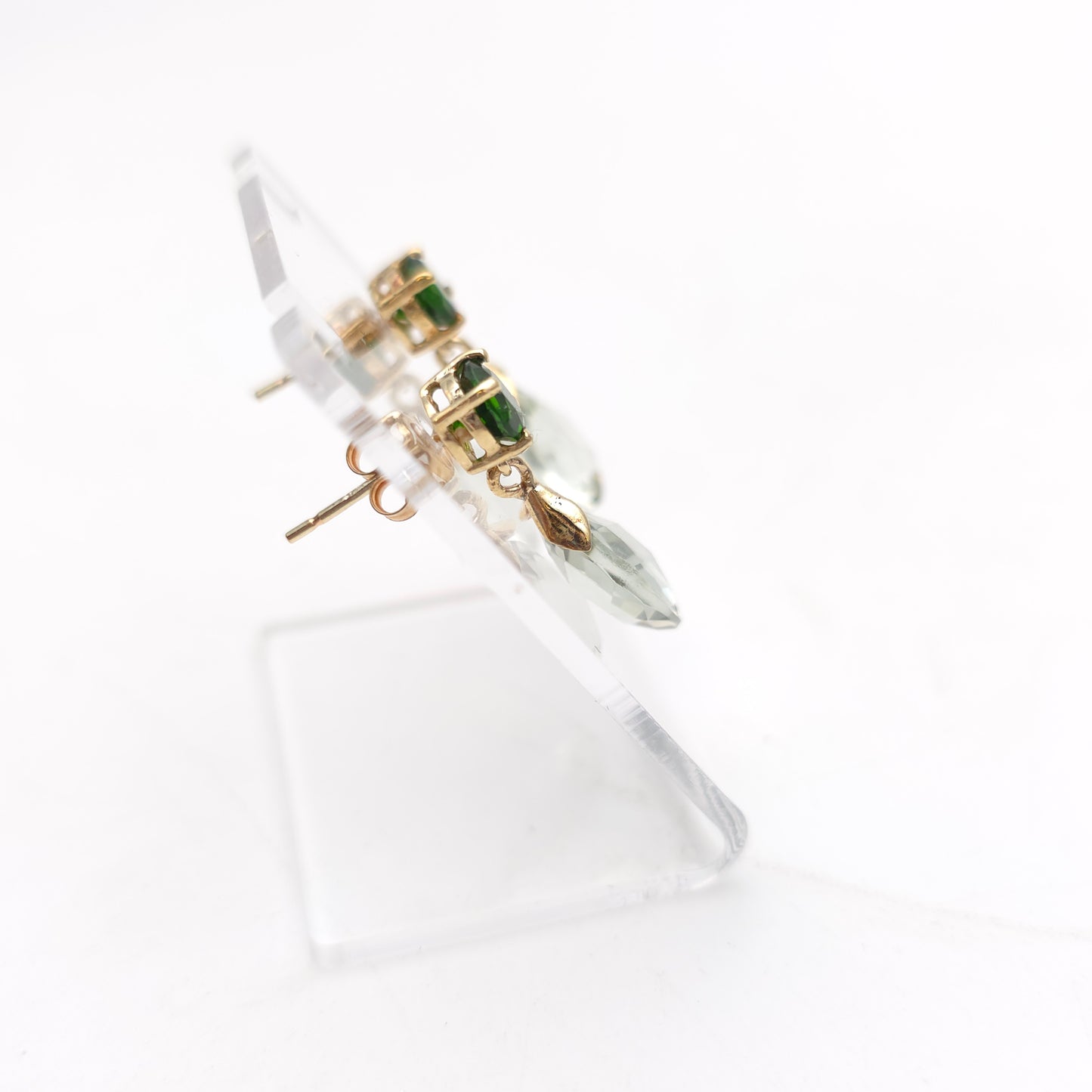 9ct Yellow Gold Round Diopside and Briolette Praseolite Drop Earring