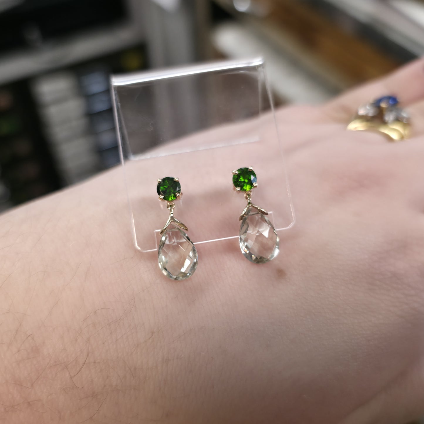 9ct Yellow Gold Round Diopside and Briolette Praseolite Drop Earring