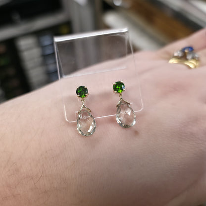 9ct Yellow Gold Round Diopside and Briolette Praseolite Drop Earring