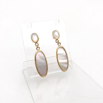 9ct Yellow Gold Oval Mother Of Pearl Bezel Set Panel Drop Earrings