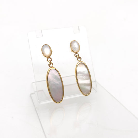 9ct Yellow Gold Oval Mother Of Pearl Bezel Set Panel Drop Earrings
