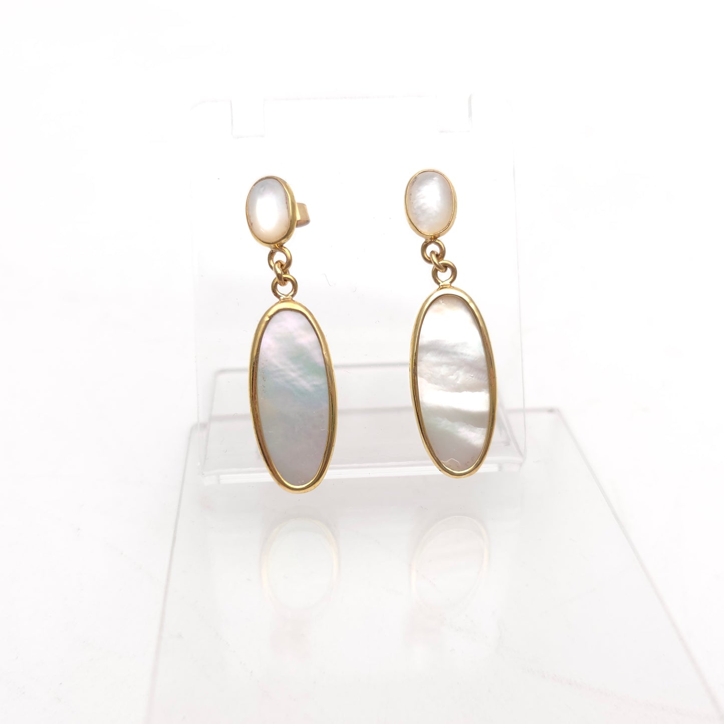 9ct Yellow Gold Oval Mother Of Pearl Bezel Set Panel Drop Earrings