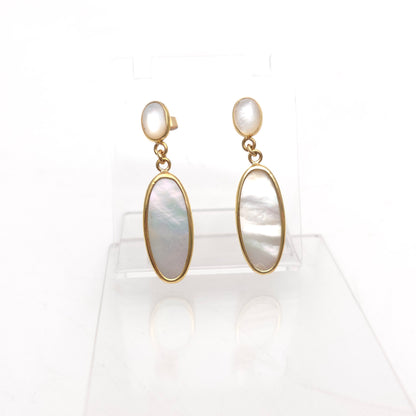 9ct Yellow Gold Oval Mother Of Pearl Bezel Set Panel Drop Earrings