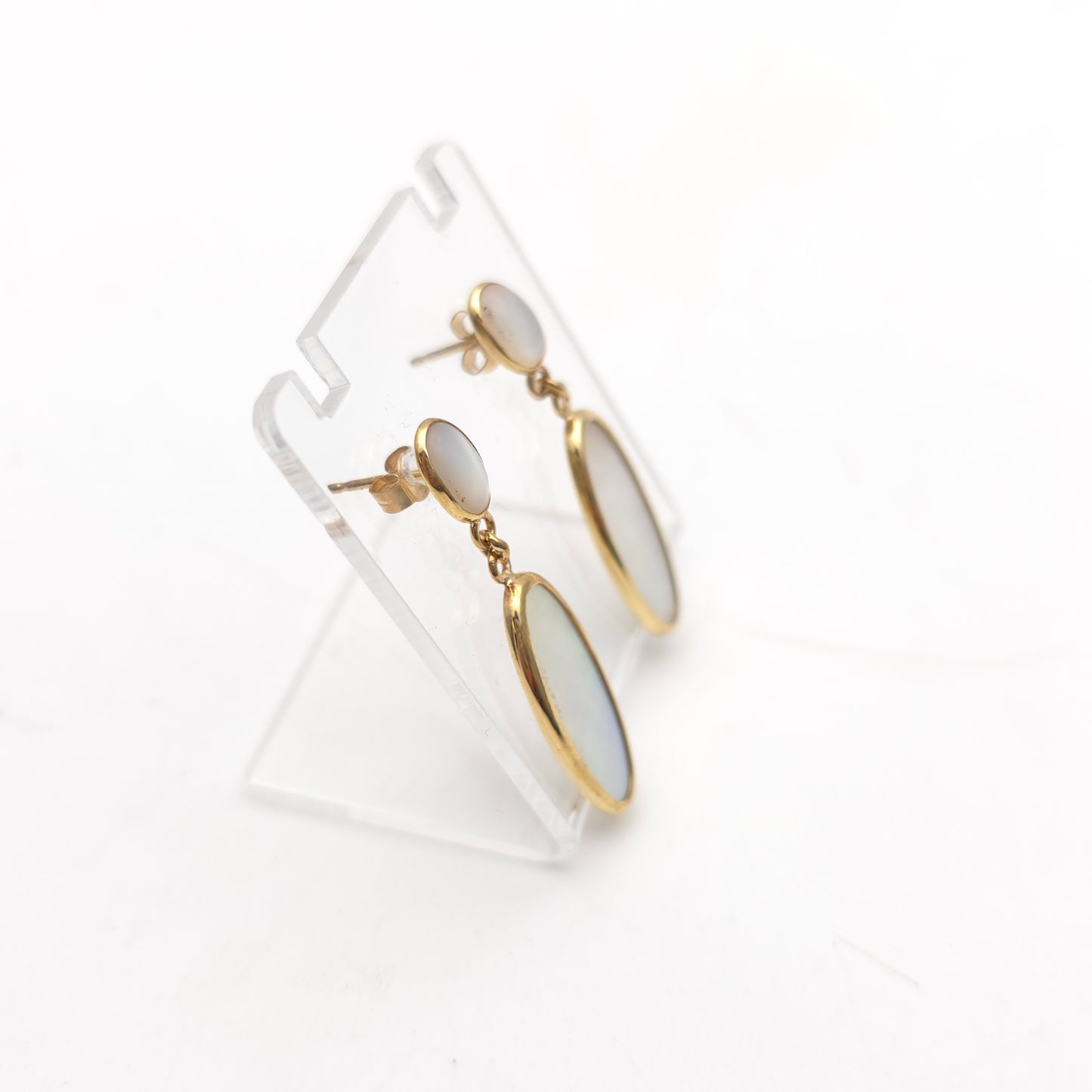 9ct Yellow Gold Oval Mother Of Pearl Bezel Set Panel Drop Earrings
