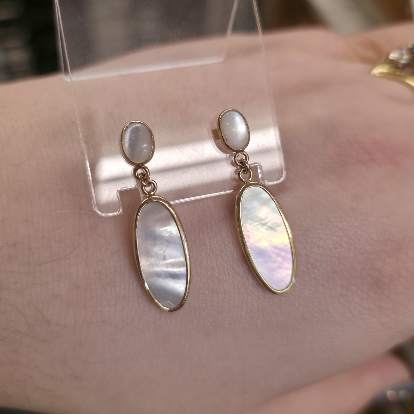 9ct Yellow Gold Oval Mother Of Pearl Bezel Set Panel Drop Earrings