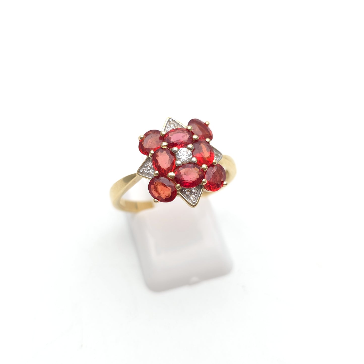9ct Yellow Gold Red Topaz, White Topaz And Diamond Large Cluster Ring