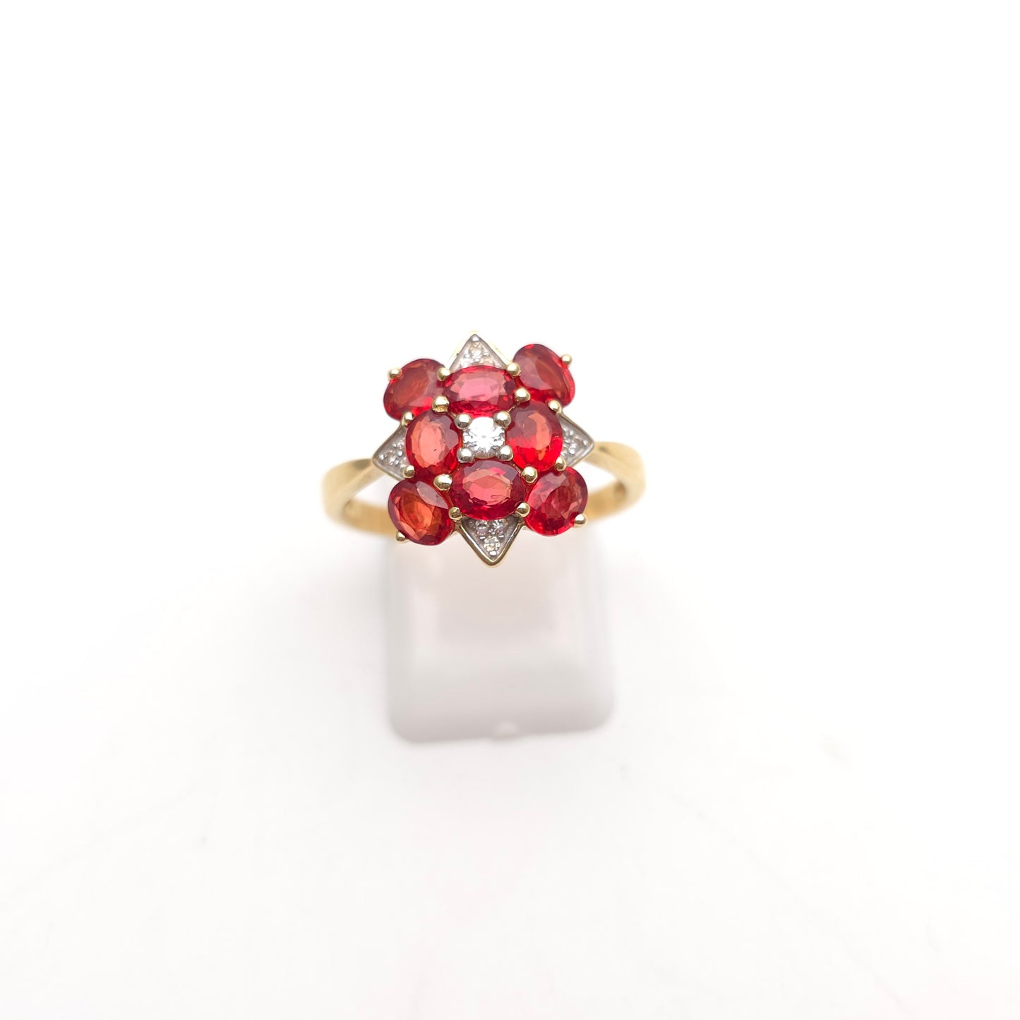 9ct Yellow Gold Red Topaz, White Topaz And Diamond Large Cluster Ring