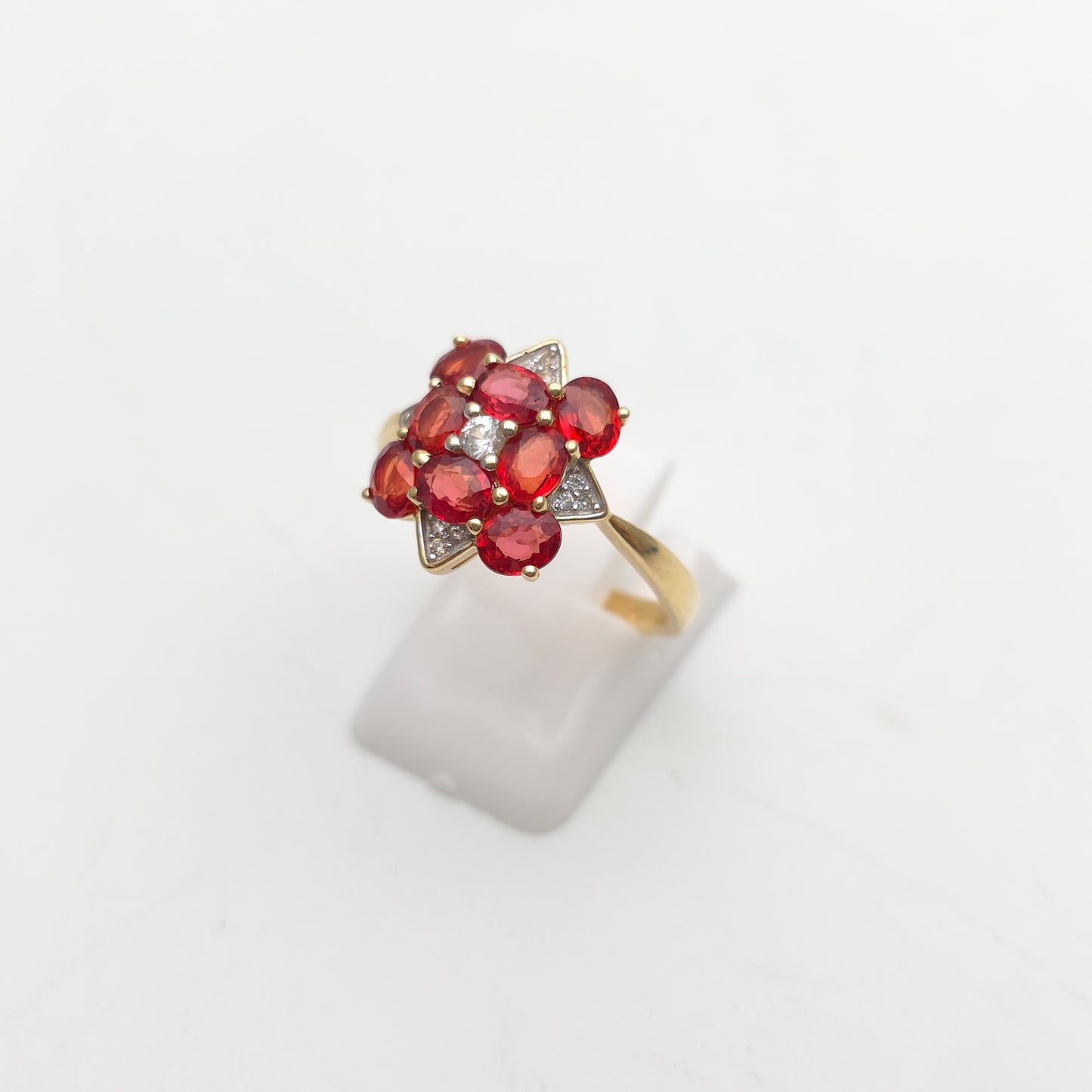 9ct Yellow Gold Red Topaz, White Topaz And Diamond Large Cluster Ring