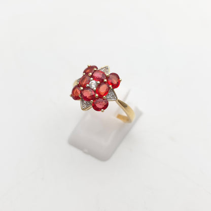 9ct Yellow Gold Red Topaz, White Topaz And Diamond Large Cluster Ring