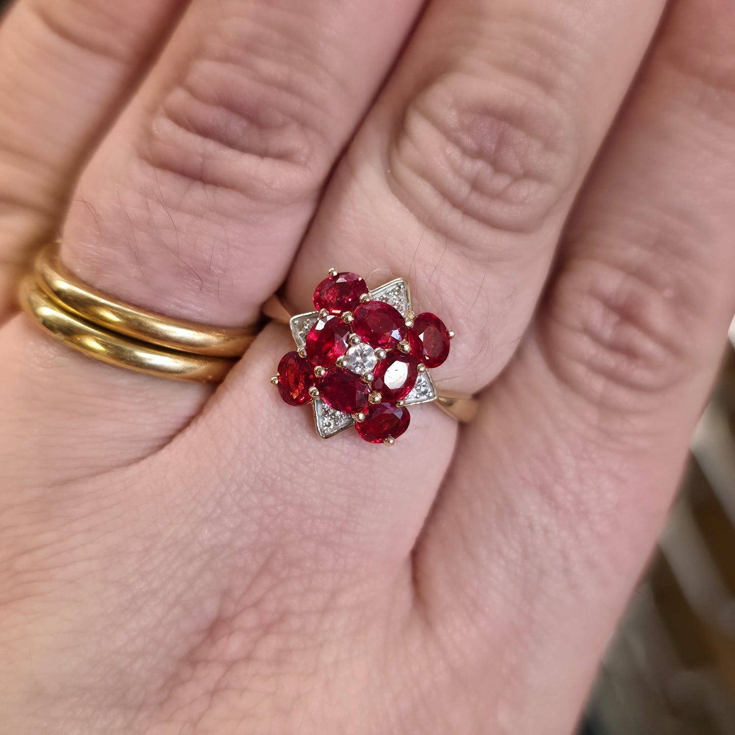 9ct Yellow Gold Red Topaz, White Topaz And Diamond Large Cluster Ring