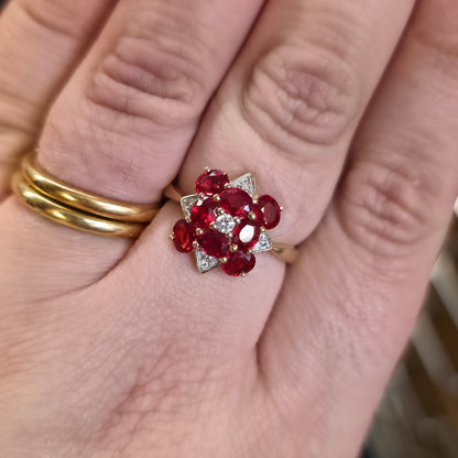 9ct Yellow Gold Red Topaz, White Topaz And Diamond Large Cluster Ring