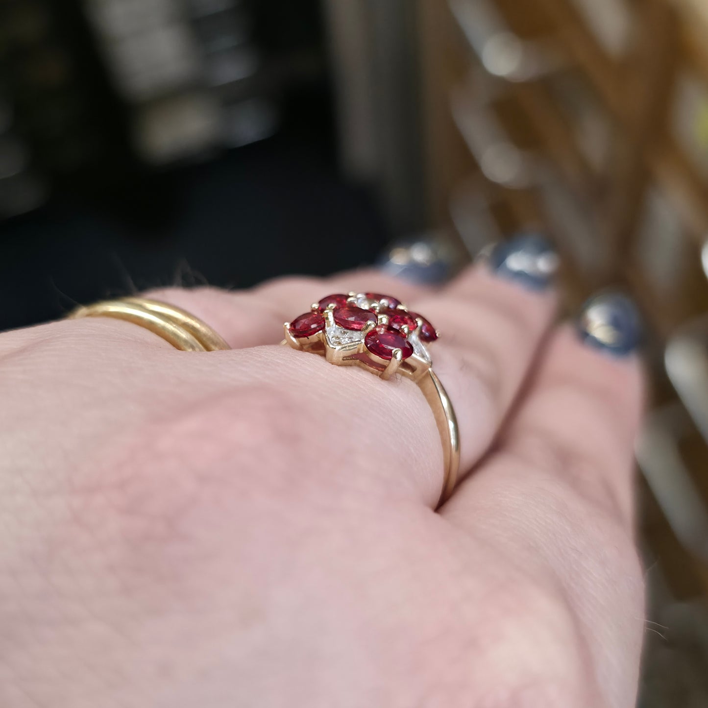 9ct Yellow Gold Red Topaz, White Topaz And Diamond Large Cluster Ring