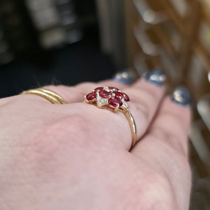 9ct Yellow Gold Red Topaz, White Topaz And Diamond Large Cluster Ring