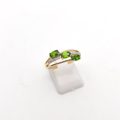 9ct Yellow Gold Three Oval Cut Green Stone (likely Garnet) and Diamond Ring