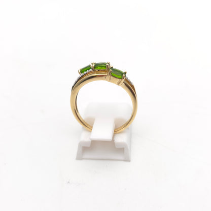 9ct Yellow Gold Three Oval Cut Green Stone (likely Garnet) and Diamond Ring