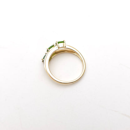 9ct Yellow Gold Three Oval Cut Green Stone (likely Garnet) and Diamond Ring