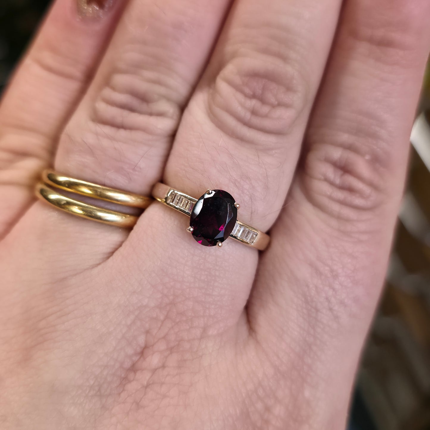9ct Yellow Gold Oval Cut Rhodolite Garnet And Channel Set Diamond Shoulder Ring