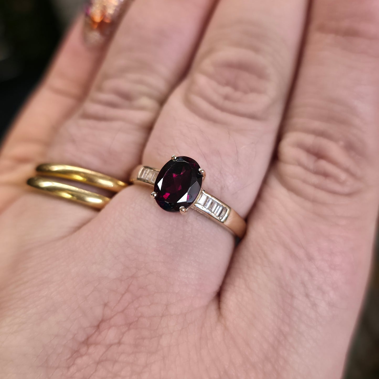 9ct Yellow Gold Oval Cut Rhodolite Garnet And Channel Set Diamond Shoulder Ring