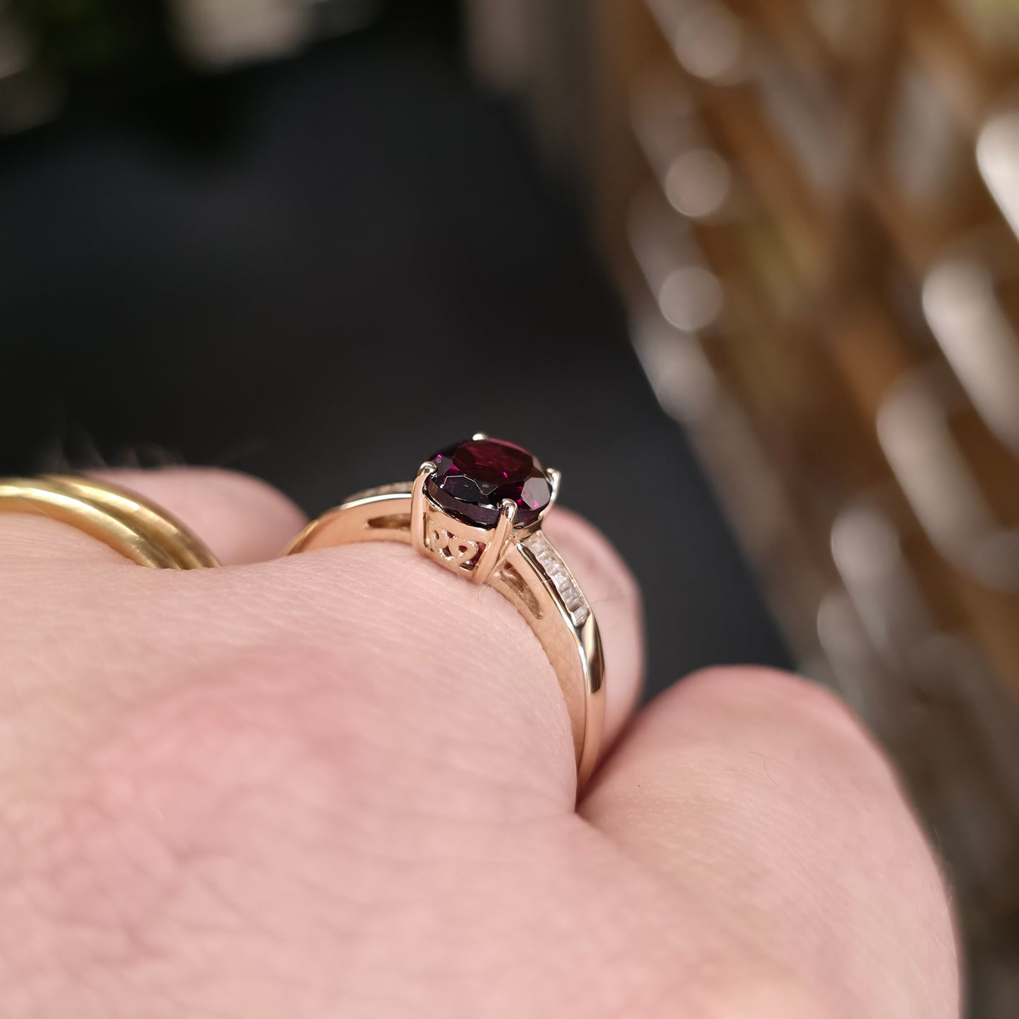 9ct Yellow Gold Oval Cut Rhodolite Garnet And Channel Set Diamond Shoulder Ring