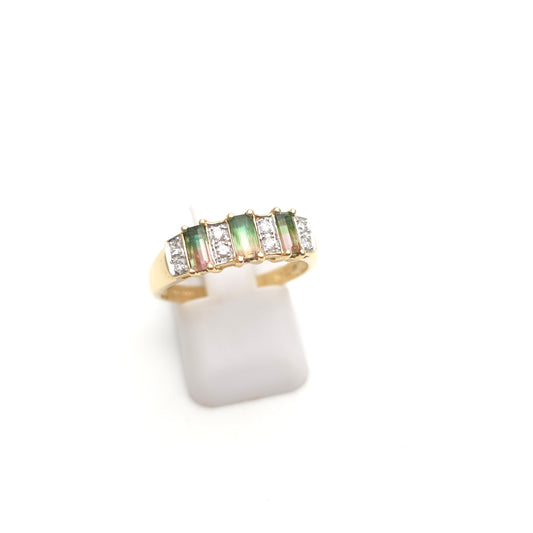 9ct Yellow Gold Watermelon Tourmaline And Diamond Multistone Ring